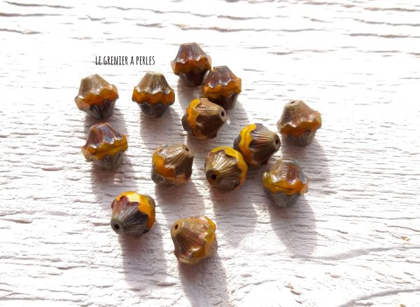 5 Toupies Baroques 10 x 11 mm * Pumpkin, Jaune doré et Picasso * Perles Tchèques