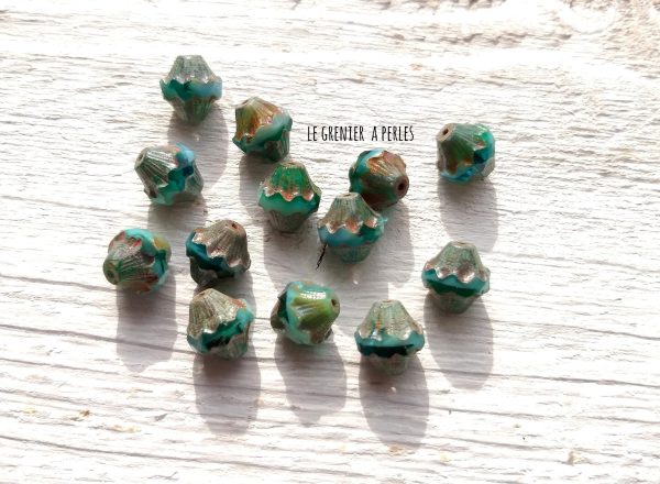 5 Toupies Baroques 10 x 11 mm * Green Turquoise et Picasso * Perles Tchèques