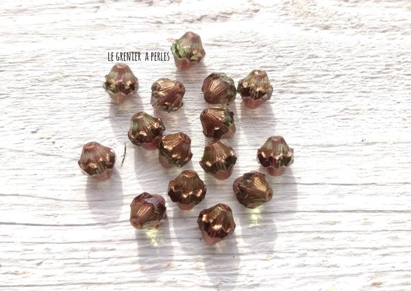 5 Toupies Baroques 10 x 11 mm * Light Green et Bronze * Perles Tchèques