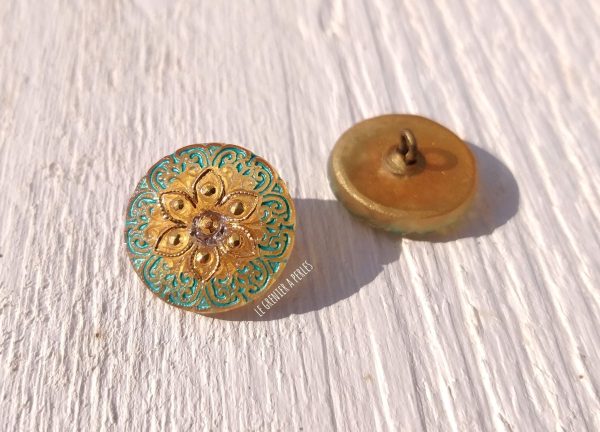 1 Bouton Tchèque 18 mm * Vert et Or * Oriental * Czech button