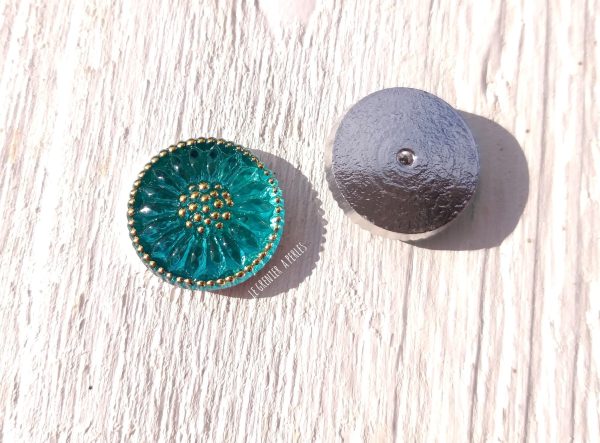 1 Cabochon Tchèque 18 mm * Vert Turquoise et Or * Daisy * Czech Cabochon