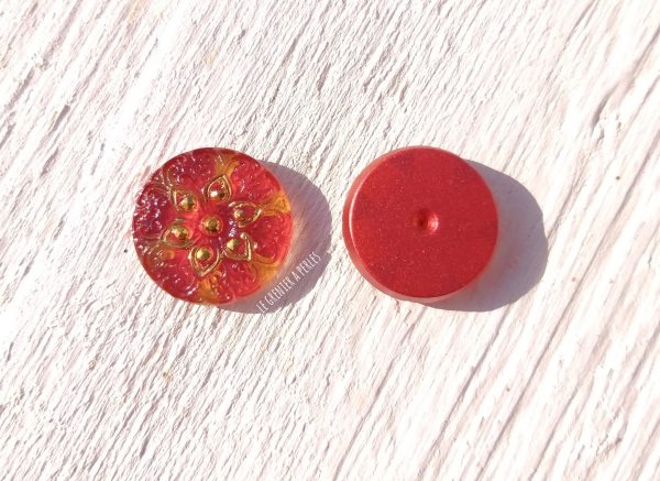 1 Cabochon Tchèque 18 mm * Rouge et Jaune Doré * Daisy * Czech Cabochon