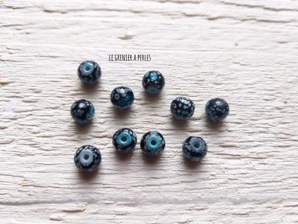 10 Perles Rondes 6 mm Bleu et noir Tâcheté