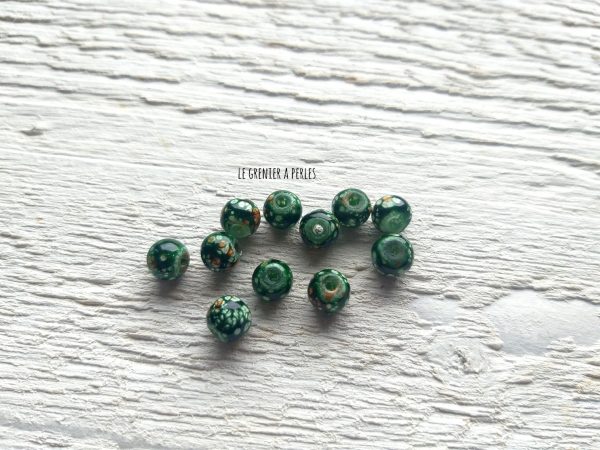 10 Perles Rondes 6 mm Vert et Ambre Tâcheté