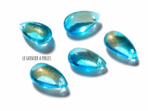 Perles Gouttes 15 x 8 mm 2619 aquamarine et or perles gouttes en verre le grenier a perles