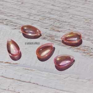 2 Perles Gouttes 15 x 8 mm Rose et Or scintillant