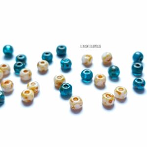 30 Perles Trica 3 x 4 mm * Teal Blue and White Picasso Finish