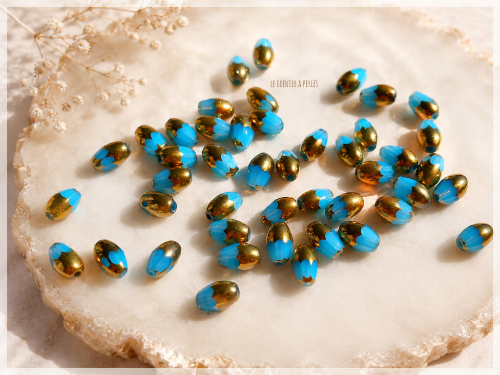 Perles en verre ovale bleu turquoise et doré perles tchèque Perles création de bijoux handmade le grenier a perles