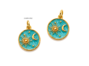 2 breloques Lune et Soleil Turquoise et Or
