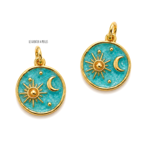 2 breloques Lune et Soleil Turquoise et Or